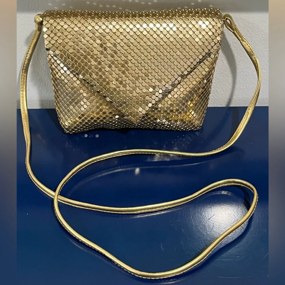 Gold Mesh Purse Handbag Evening Metal Bag Envelope Crossbody Vintage 80s 90s